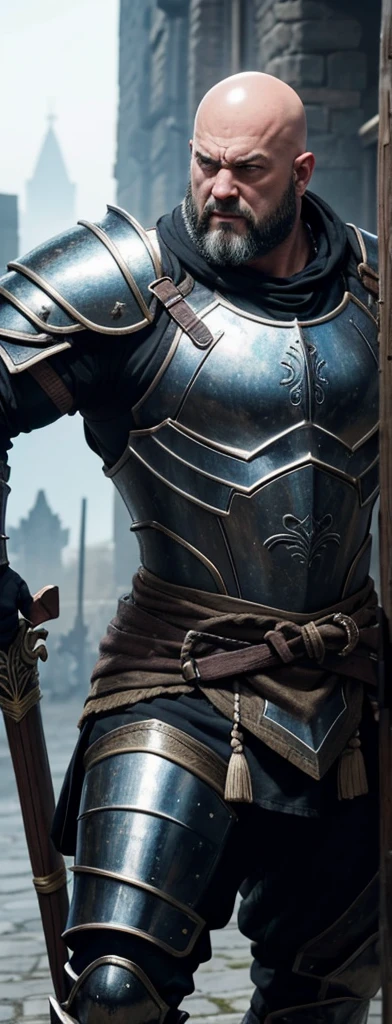 I want him to look like a bald burly full body warrior. He is equipped with heavy metal armor that covers his entire body.. The armor is decorated with iridescent runes etched into it.. His face shows anger. In his hands he carries a huge two-handed axe.. In the background you can see the square of some medieval city. A scar crosses his unshaven chin..