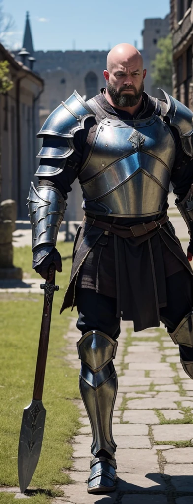 I want him to look like a bald burly full body warrior. He is equipped with heavy metal armor that covers his entire body.. The armor is decorated with iridescent runes etched into it.. His face shows anger. In his hands he carries a huge two-handed axe.. In the background you can see the square of some medieval city. A scar crosses his unshaven chin..