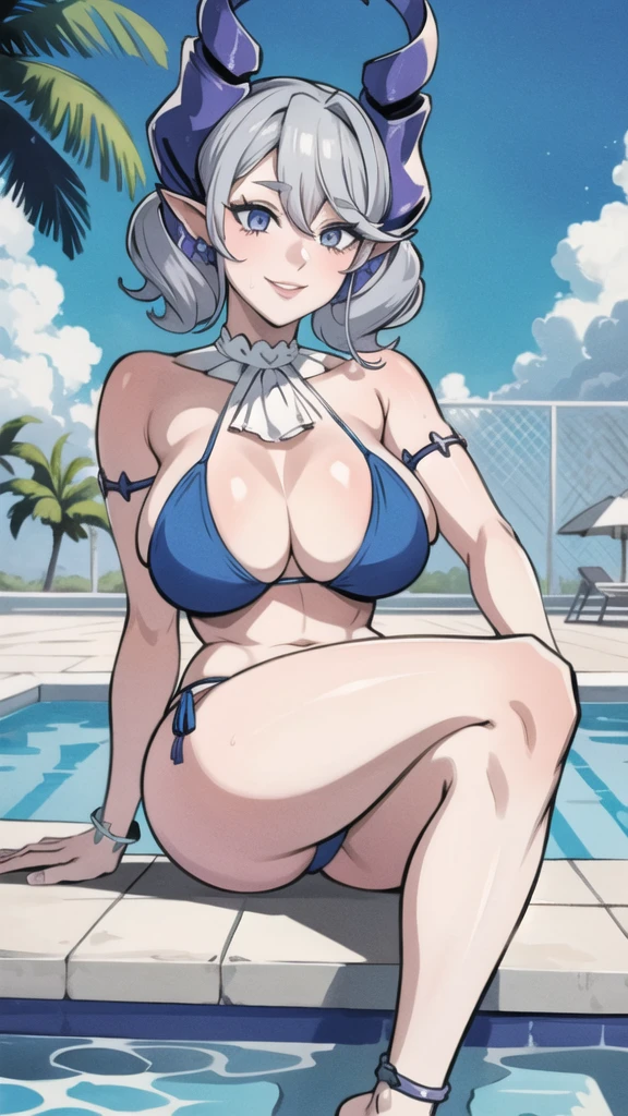 High level image quality best image quality 8K adult woman pool party sunset palm trees whole body view portrait bikini horn ears short hair((shortcut)(gray hair)(perm)(fluffy)) eye color is blue , attractive evil face , smile , sexy pose , labrynth , barearm , wearing white , looking up , sitting by the pool , crossed leg style in detailed , anklet , view foot arc , view from below