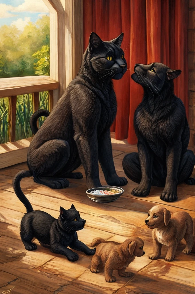 ((best quality)), ((masterpiece)), a hairy black cat feeding three puppies