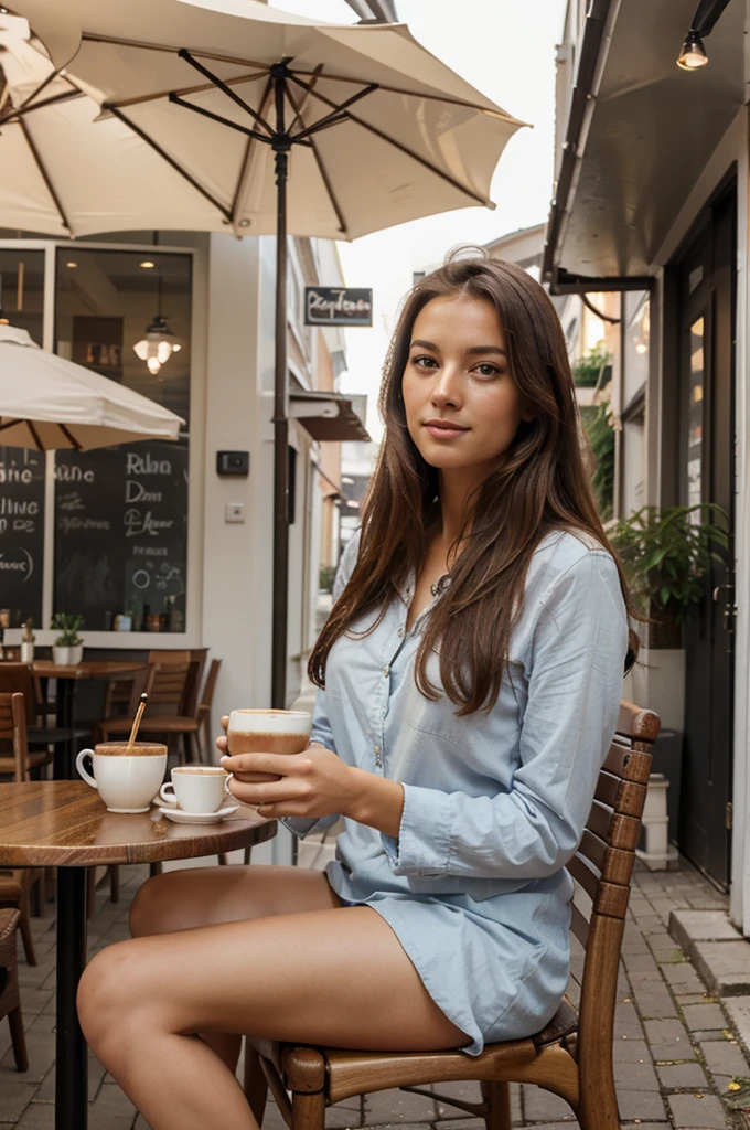 full color portrait of a young woman, having a coffee at a vintage cafe, natural light, RAW photo, subject, 8k uhd, dslr, soft lighting, high quality, film grain, Fujifilm XT3