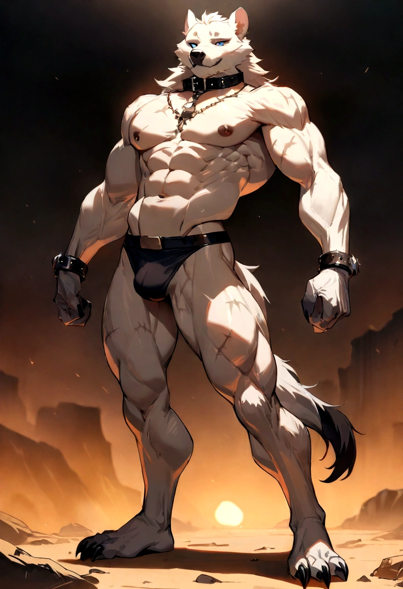 Masterpieces, furry, male, Anthropomorphic, full body, old age, rugged, hyena, veiny, thin and skinny fit body type, Delicate eyes, white goatee, white underbelly, glistening body, thug, wasteland thug, depth of field, warm lighting, bright lighting, (best quality),(masterpiece),(ultra detailed), sharp focus, wasteland background, fierce look, scars, full body, oily skin , white pubes, white armpit, tight black underwear, flat six pack abs, black nipples , black collar