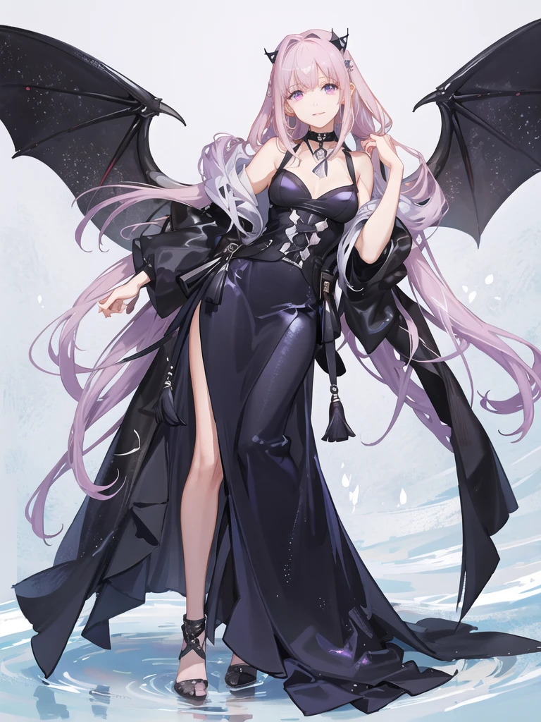 girl,full body,(detailed face:1.2), Masterpiece, fashion,black dress,, medium hair, light pink purple hair, purple pink eyes,There are wings hanging on the head...,white background,Vtuber,Full HD,bat,The left wing of the head is white..,Long hair braided back,Shoulder length facial hair,purple highlighted hair color,There is a black choker on the neck...,full body,soft smile,ชุดมีลายดาวสีเหลืองและลายเงาbat.,ปีกbatสีดำทึบติดอยู่ที่ศีรษะทั้งซ้ายและขวา,Hands and arms are close to the body.