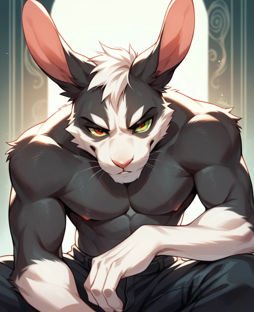 solo, male, goat, colored fur, fluffy fur, yellow eyes, lean body, anthropomorphic goat, femboy, muscle, Krampus, long black hair, goat demon, bara,
