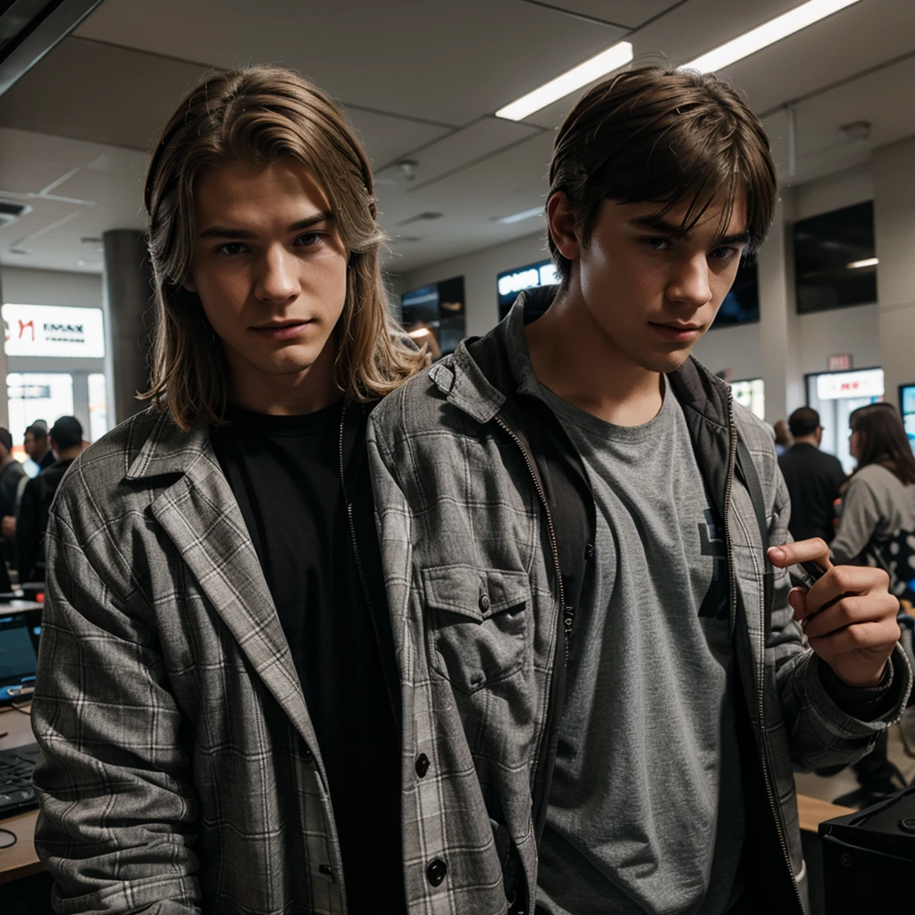 young male gamer in a gray checkered jacket carrying Thor's ax, wearing glasses and wavy black hair with a taper cut, black eyed.