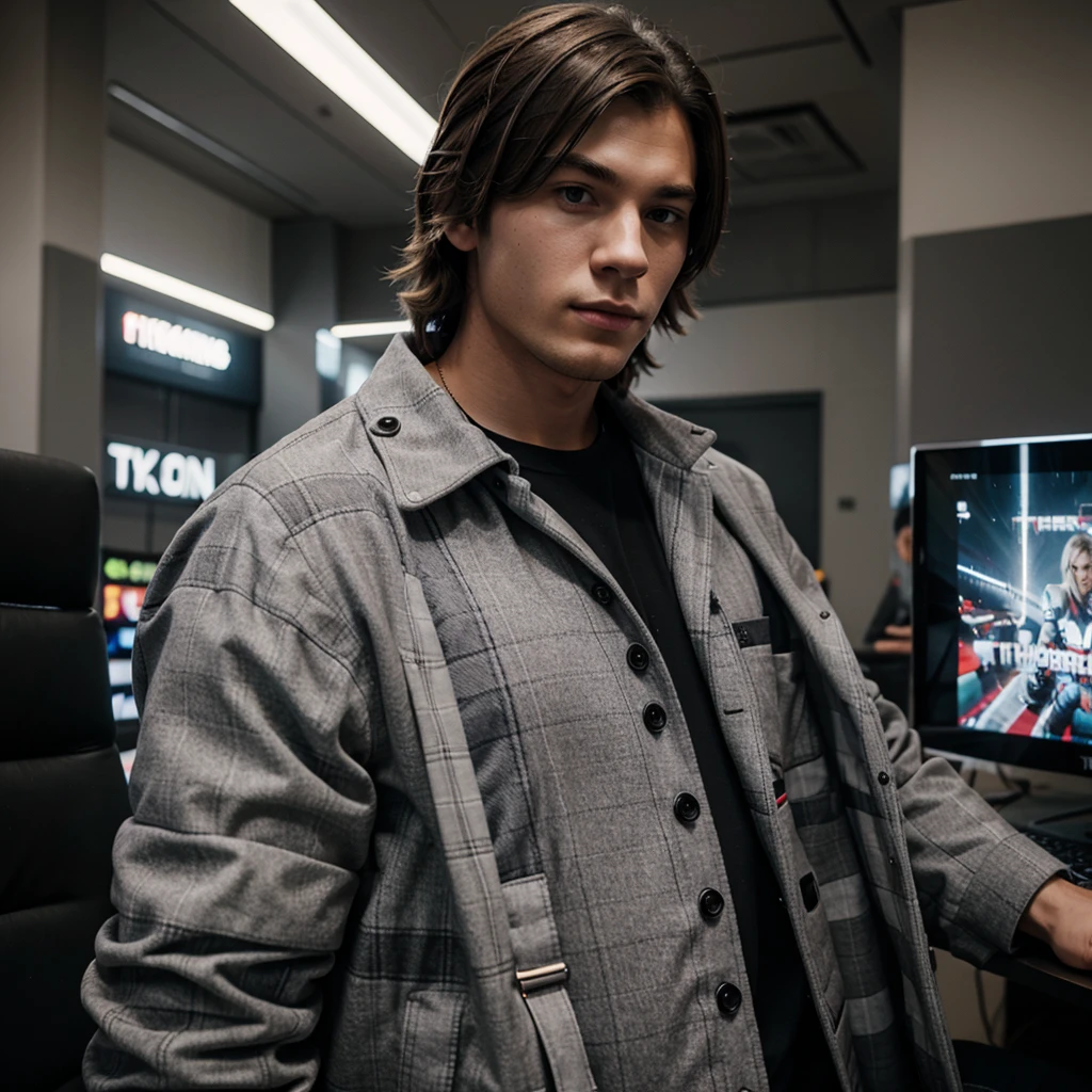 young male gamer in a gray checkered jacket carrying Thor's ax, wearing glasses and wavy black hair with a taper cut, black eyed.