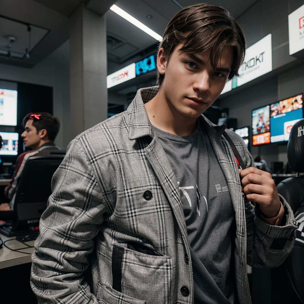 young male gamer in a gray checkered jacket carrying Thor's ax, wearing glasses and wavy black hair with a taper cut, black eyed.
