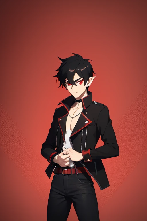 Marshall Lee Handsome 18 year old vampire boy with black hair, light brown skin, pointy ears, red eyes, red shirt, open black jacket, black belt, black jeans, looking directly at the viewer with a white background.