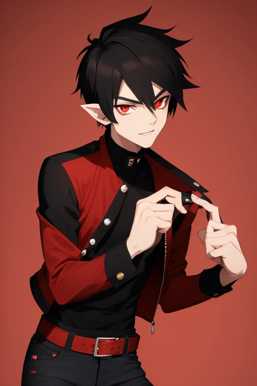 Marshall Lee Handsome 18 year old vampire boy with black hair, light brown skin, pointy ears, red eyes, red shirt, open black jacket, black belt, black jeans, looking directly at the viewer with a white background.