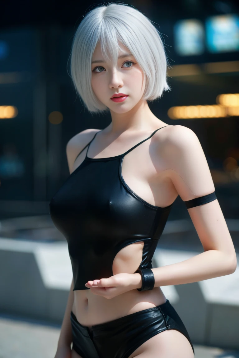 best quality,tmasterpiece,Ultra-high resolution,Clear face,(Reality:1.4),(RAW photo),cold light,(upper body photo:1.5), (photorealistic:1.50), anime wallpaper, Guviz style artwork, fantasy close-up to magic, by Yang J, Guviz, beautiful artwork illustration, beautiful digital artwork, beautiful digital illustration, Li Song, beautiful anime portrait, art style at Beauvot, 1girl, 独奏, Ass, bare shoulders, black gloves, blue eyes, breasts, elbow gloves, gloves, joints, medium breasts, moles, moles under mouth, short hair, shorts, thighs, white hair, torn clothes, asymmetrical footwear,
Looking at the audience,