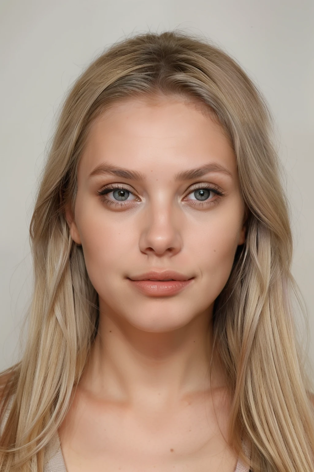 blonde woman with gray eyes, with a pretty face
