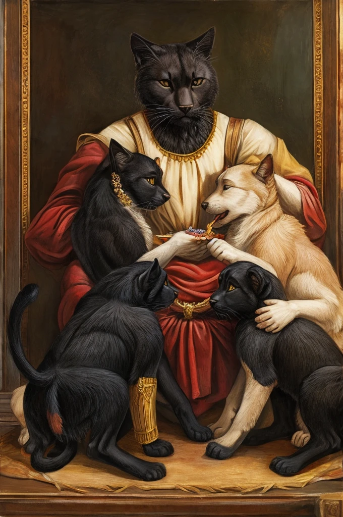 ((best quality)), ((masterpiece)), a hairy black cat feeding three puppies