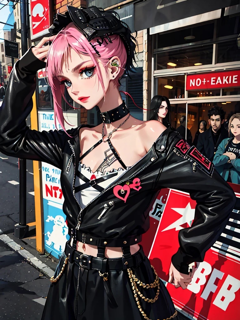 (Masterpiece:1.2, Best quality), (real photo, Intricate details), (1lady, solo, Upper body, small breast) ,all body,clothes:advance guard,advance guard,Experiment with appearance:Shave your head or bold hair color,Dramatic makeup,Unconventional fashion choice behavior:rebel、Not conformist、Provocation location:Urban Arts District、Underground music venues Hobbies:Take part in a punk show、Create mixed media art、Try different subcultural values:personality、authentic、Creative expression of inspiration:Punk rock music、Counterculture icons,Avant-garde art movement character traits:daring、daring、act outside the box。