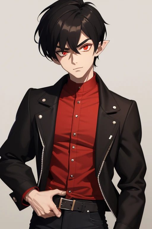 Marshall Lee Handsome 18 year old vampire boy with black hair, light brown skin, pointy ears, red eyes, red shirt, open black jacket, black belt, black jeans, looking directly at the viewer with a white background.