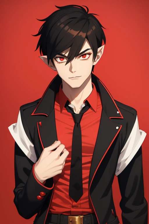 Marshall Lee Handsome 18 year old vampire boy with black hair, light brown skin, pointy ears, red eyes, red shirt, open black jacket, black belt, black jeans, looking directly at the viewer with a white background.
