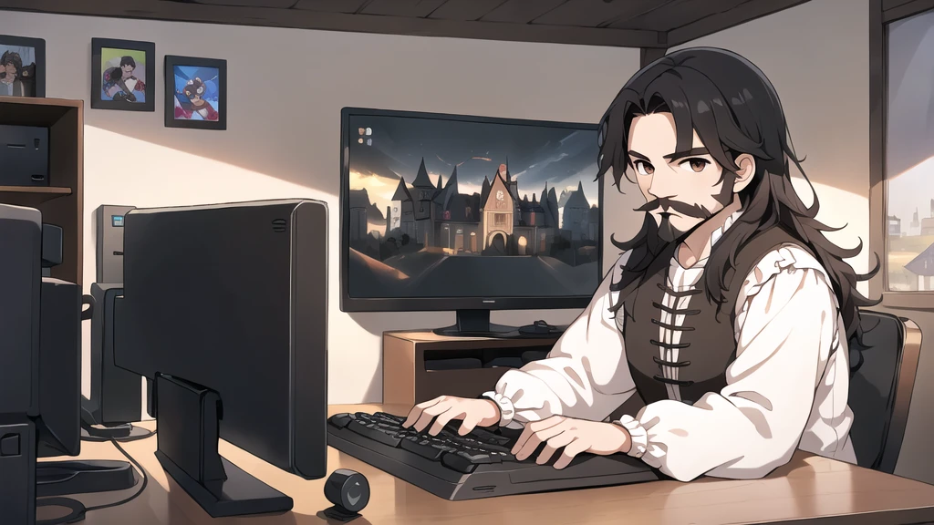neocruz long black hair, Brown eyes, Spotlight, a mature male villager with a beard and mustache, utiliza una computer de juego dentro de una casa campesina.,peasants wearing renaissance clothing,Dur3r Style,(gaming computer monitor, keyboard (computer), cables, rgb games),horses,castle in the distance,
