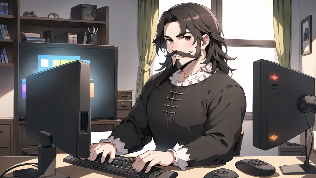 neocruz long black hair, Brown eyes, Spotlight, a mature male villager with a beard and mustache, utiliza una computer de juego dentro de una casa campesina.,peasants wearing renaissance clothing,Dur3r Style,(gaming computer monitor, keyboard (computer), cables, rgb games),horses,castle in the distance,