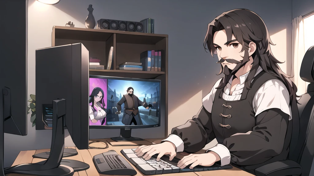 neocruz long black hair, Brown eyes, Spotlight, a mature male villager with a beard and mustache, utiliza una computer de juego dentro de una casa campesina.,peasants wearing renaissance clothing,Dur3r Style,(gaming computer monitor, keyboard (computer), cables, rgb games),horses,castle in the distance,