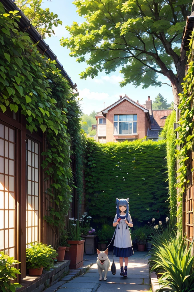 A garden bathed in sunlight Light blue long hair Twin-tailed Girl With two dogs A really enjoyable walk Adorable smile