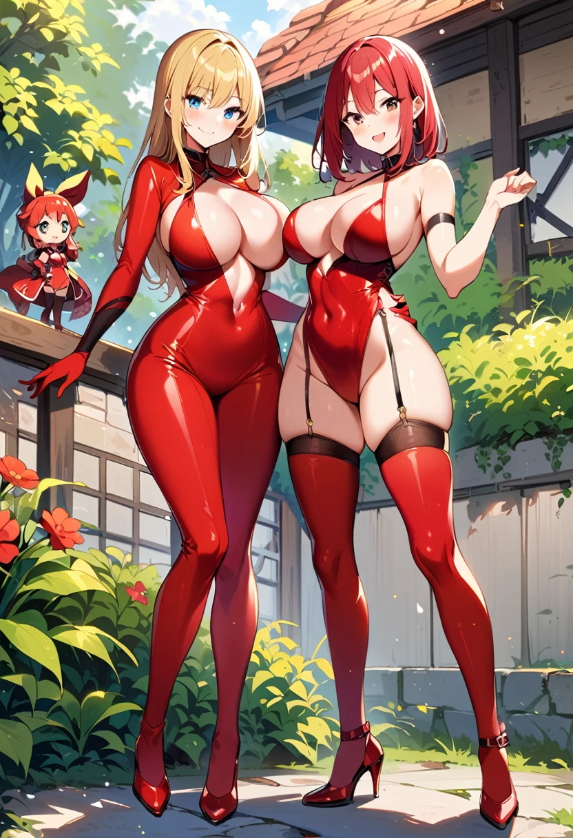 2female,multiple characters,2 girl, red tight dress with open bust, red stockings,red heels,red arm stockings,sexy,garden on background, smiling,large breasts, perfect body, full body, smiling