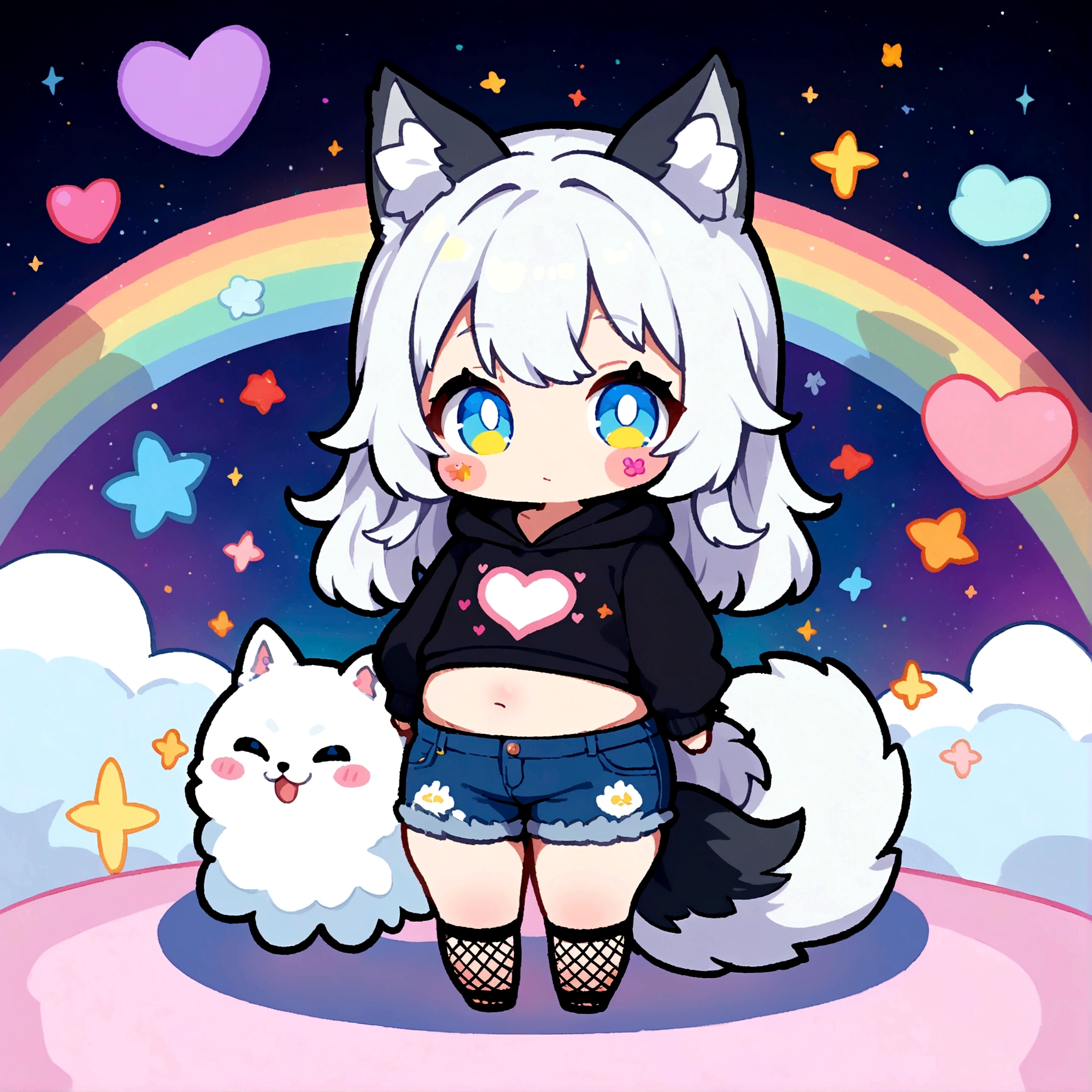 a sticker of a cute adult male with wolf ears, long white hair, long locks, has a wolf tail, wearing a loose cropped black hoodie, wearing a pair of denim short shorts and fishnet stockings, thick thighs, wide hips, relaxing on mound of fluffy multi colored kawaii plushies, short, very slim, showing slender tummy, heart on hoodie, squishy thighs, has glowing blue eyes. alone, solo (ALONE)(SOLO), surrounded by rainbows, colorful galaxy backround