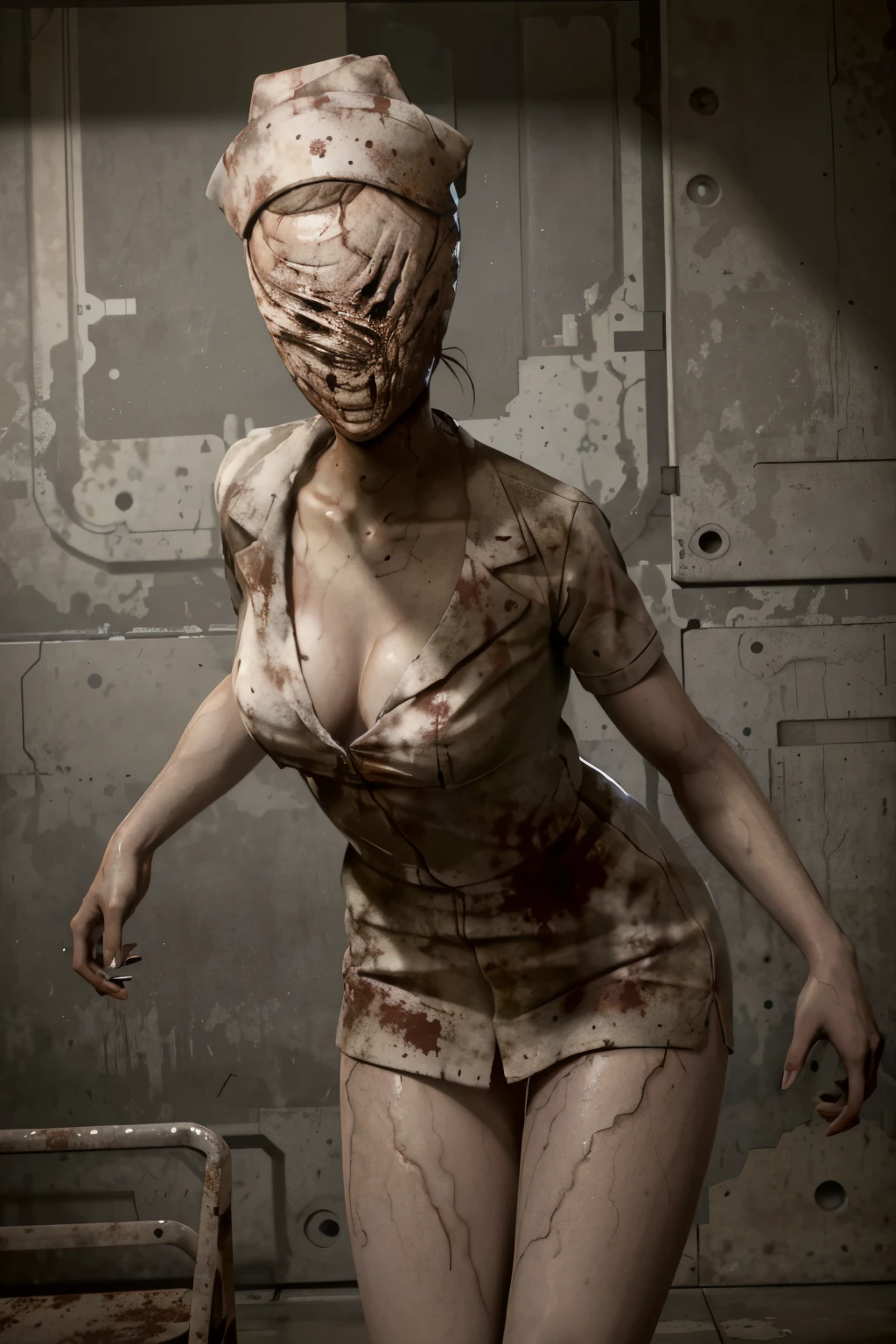 (work of art, best qualityer)
SilentHill Nurse, 1 girl, standing alone, gazing at viewer, ha, containment, neckleace, standing, missiles, with no face female, containment missiles, bloodstains, leaning forward, front viewer, 1 other, with no face, nurse cap, spots, No eyes, horor \(haa\)
