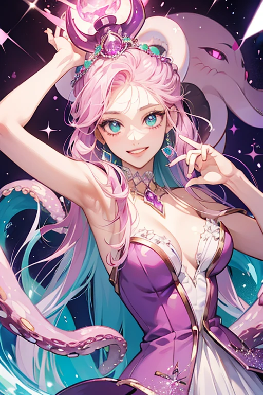 The Octopus SHE is purple with green eyes, pearly white teeth and a jeweled anchor through the top of HER head. The jewel on the anchor begins as pink, and once parried turns blue for a short time before returning to pink. SPARKLE; GLITTER