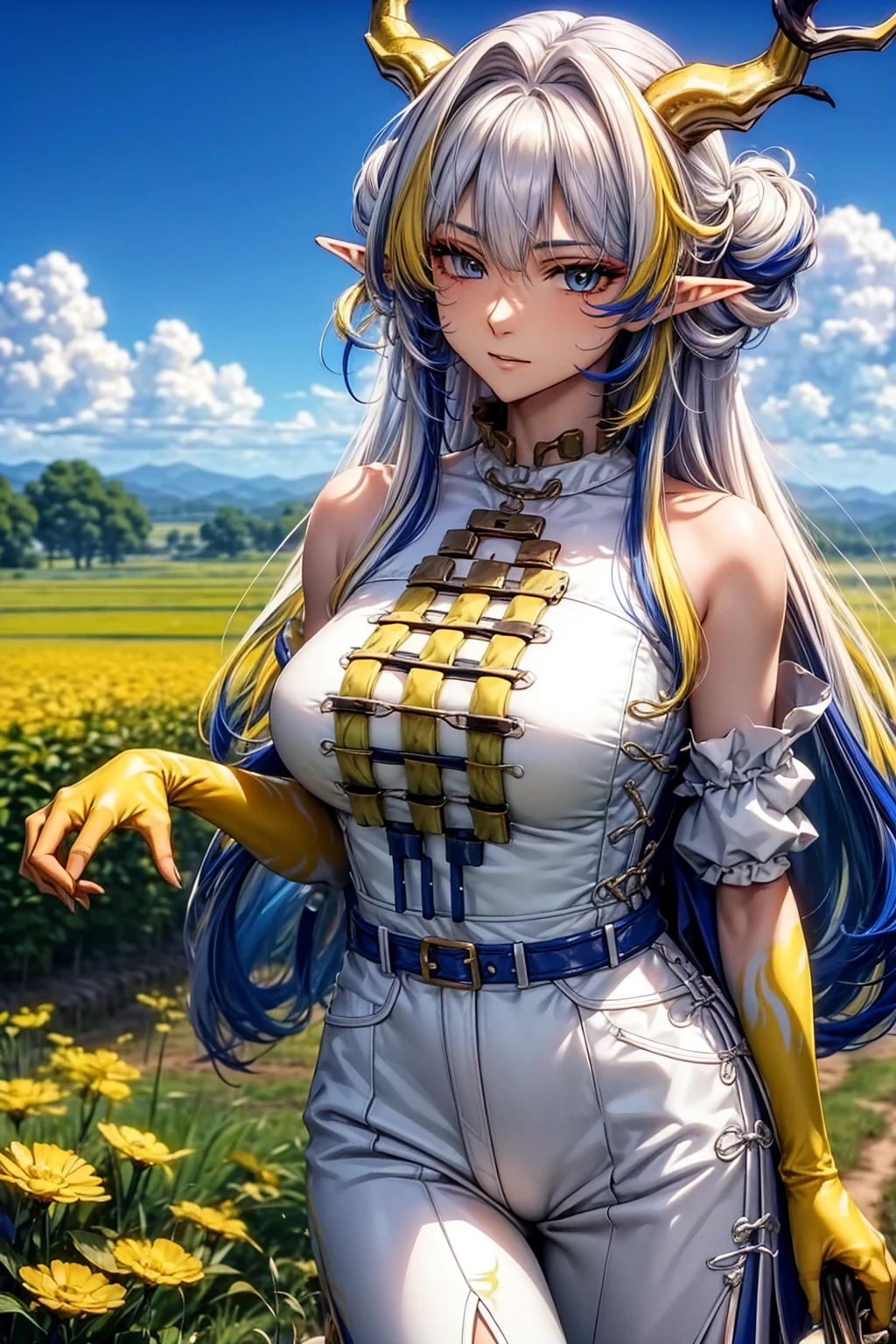 (masterpiece:1.2), (Best quality at best:1.2), perfect eyes, perfect face, 1 Girl, Alone, 8K, Best Quality, large breast,(Detailed description of hair), (Detailed description of face),(Detailed description of body), fair and clear skin, matchless beauty, long legged, (30 years old),facing the audience, professional photographic lighting, Shu(arknights), horns, pointy ears, white hair with slices of yellow and blue, light blue eyes, dragon horns, (yellow and blue colored painting all over upper arm and hand: 1.2), yellow arm and hand skin, dragon tail, farming field, sleeveless, cheongsam