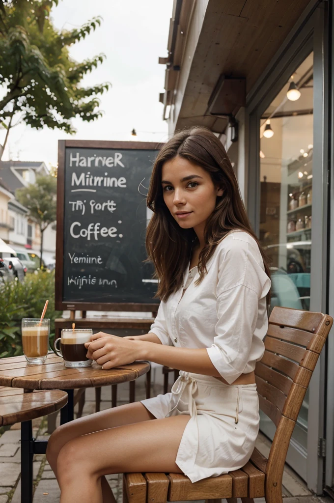 we capture the exquisite beauty of a woman (175cm) with a captivating mix of Scandinavian and South American heritage. the woman sitting at a table with a cup of coffee, loking outside, a sketch by Niko Henrichon, tumblr, realism, drinking coffee, infp young woman, woman drinking coffee, cute woman, gorgeous lady, morning coffee, sitting in a cafe, enjoying coffee at a coffee shop,