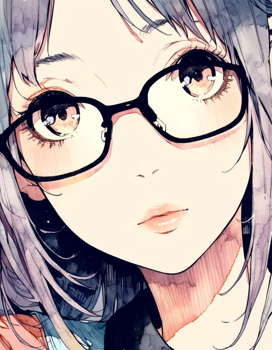 ultra-detailed:1.3, ultra delicate and detailed face:1.3, (absurdres, texture, masterpiece), watercolor, soft warm color, ennui, pixiv contest winner, by Posuka Demizu, dynamic manga-style illustration of slender girl with glasses, moist eyes, moist lips, head tilt,