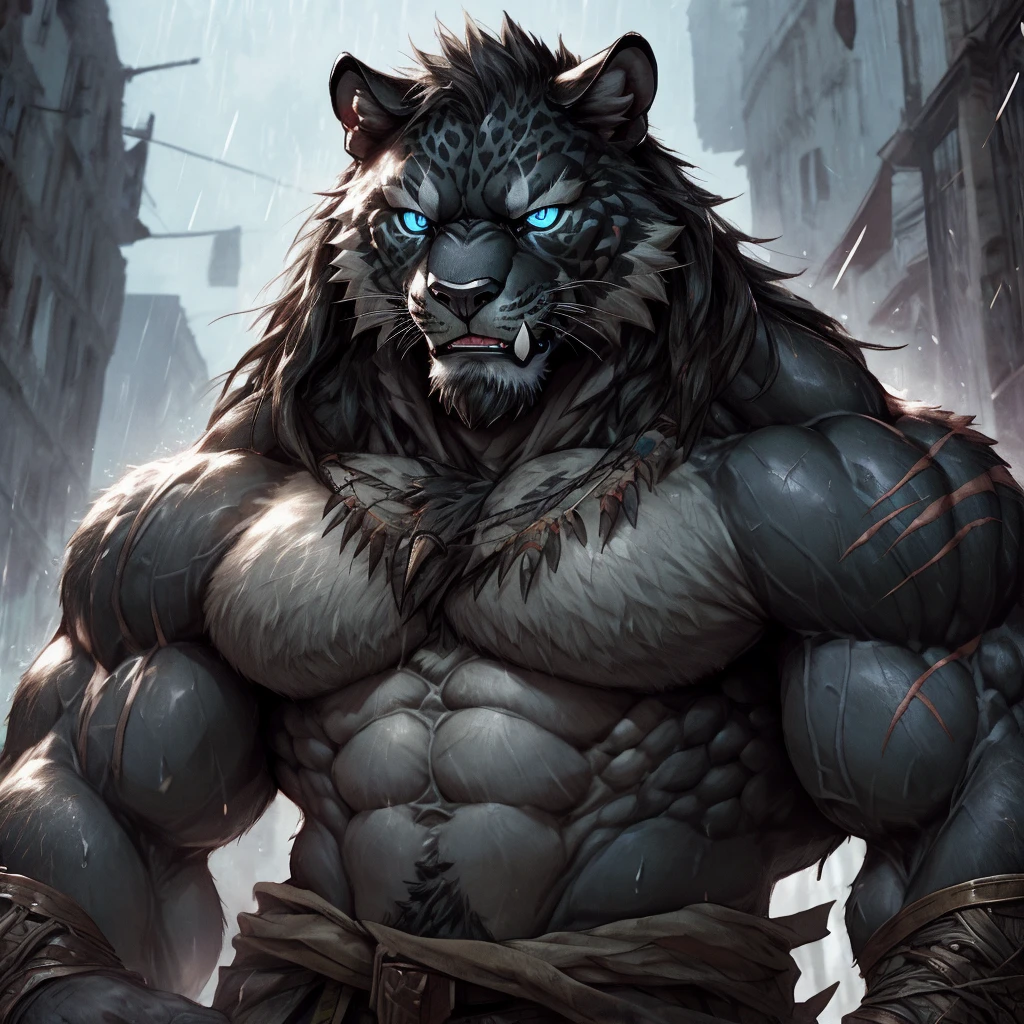 sweaty muscular torso naked rainy village hairy anthropomorphic chest hair serious face（scars in the face） Mature （blue eyes）Huge muscle ripped abs wild，Tribal Ambition Black Panther