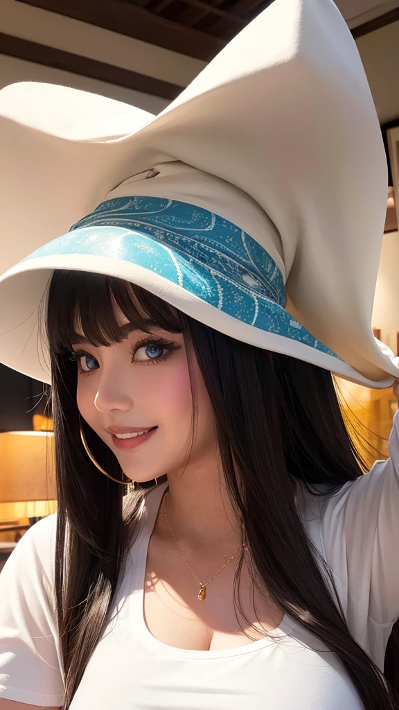 Mystical Eyes、Are fat、fat、Fair skin、Mysterious Beauty、Very 、goddess、Large 、smile、smile、Blur the background、alone、Shiny Hair、Provocative face、smile、Plump、Indian、White oversized t-shirt、Pompadour、Has bangs、Bangs fall on the forehead、Anime Style