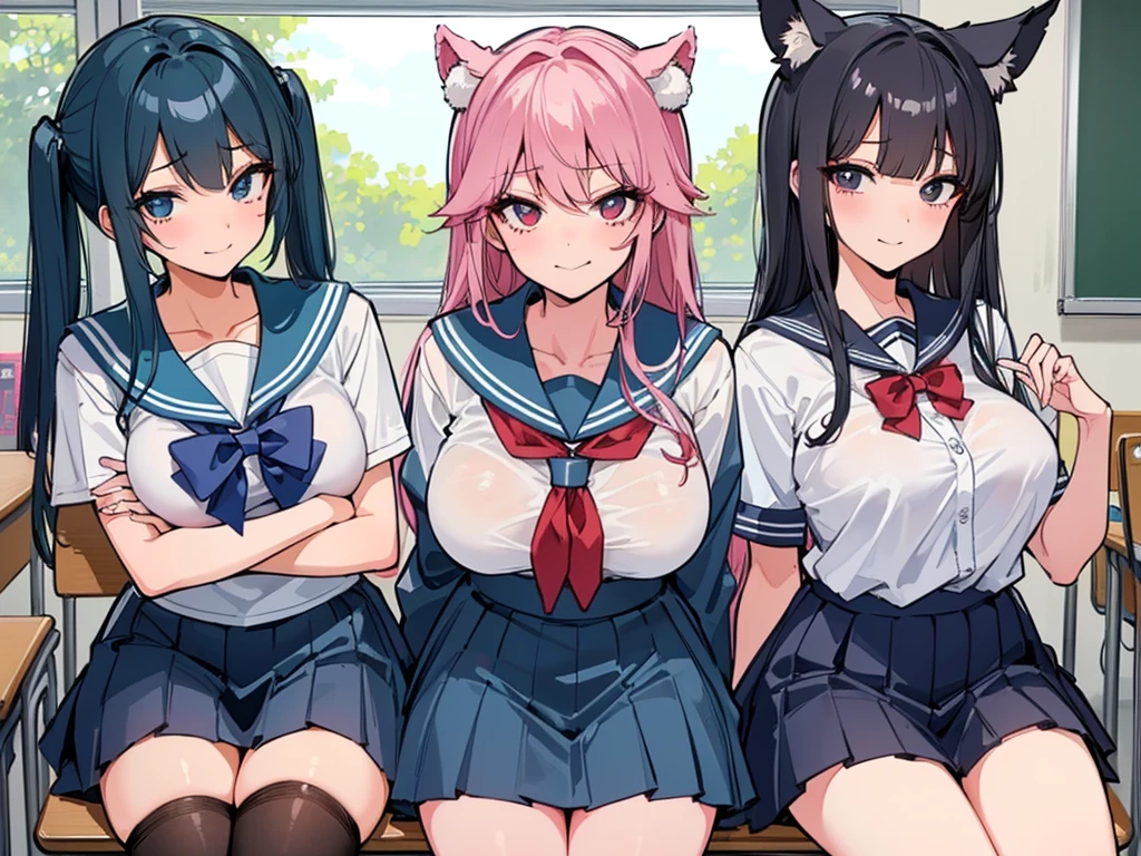 high school girl、Dressed in high 、School classroom、((Big Breasts))、There is only one person、((((独奏))))、(one girl)、smirk、