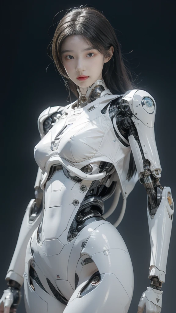 {{best quality, 1080P, Masterpiece, Ultra high resolution, photorealistic, ultra realism, Realistic skin texture, Extreme skin detail, dslr, Detailed eyes,  Facing the camera, very beautiful face, Concise facial structure, Pale skin, Realistic skin texture, Extreme skin detail, oc render reflection textures, Realistic light and shadow, Single picture, alone, gray hair, The body is slim and balanced., Age 20, Height 170, naked girl, Nude, no underwear, A girl with the body of a mechanical robot., Transparent futuristic black glass mech armor suit, The mechanical cervix is attached to the neck., The robot circuit is stuck in the middle of the back., flat stomach, perfect robot arm, perfect robot legs, full body view, Whole body photo.}}