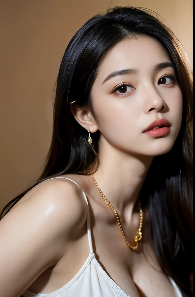 (masterpiece:1.3), (8 thousand, realistic, RAW photos, best quality: 1.4), (1 woman),(very sexy), (Beautiful makeover), (유난히 아름다운 realistic 얼굴), (Build a beautiful body) , (long eyelashes), (double eyelid), (black hair. parted, long hair:1.3), (아름다운 parted스타일), (Realistic and truly beautiful and delicate eyes), (beautiful and big breasts), (realistic and beautiful skin), (absurd), (attractive), (ultra high resolution), (extremely realistic), (very detailed), (golden ratio), (necklace), (earring), (So beautiful and sexy)