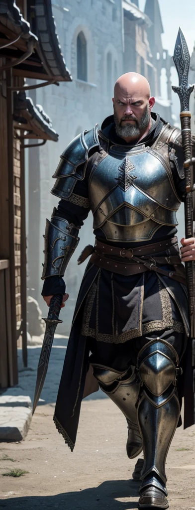 I want him to look like a bald burly full body warrior. 
He is equipped with heavy metal armor that covers his entire body.. The armor is decorated with iridescent runes etched into it. 
His face shows anger. 
In his hands he carries a huge two-handed axe.. 
In the background you can see the square of some medieval city. A scar crosses his unshaven chin.. 