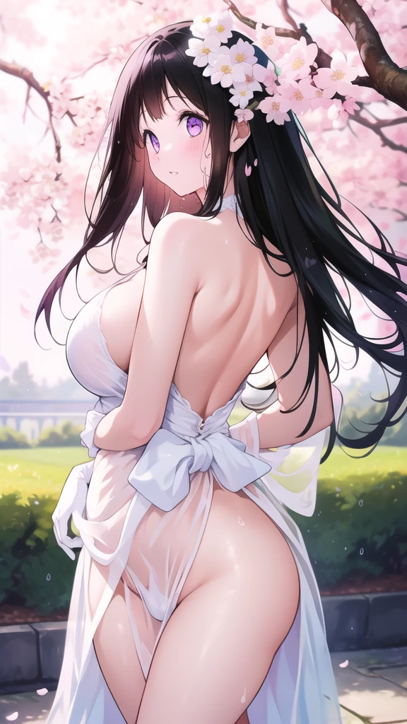 Amazing Chitanda, There is only one beautiful girl,Purple Eyes, Black Hair, Very red face,Very white skin,Glowing skin,Skin as delicate as porcelain,Naturally straight hair, Straight bangs,Extremely refined,Open lips,Long flowing hair,Beautiful Girl, Like a dream,Slim,Slim waist,Soft, (Sensual), (Kawaii), Dream quality,Beautiful big breasts,Transparent wedding dress,Areola,Completely naked,White gloves,Flower decoration,Deep V neckline,Loose neckline,Wide neckline,Walking in school,Place your hands on your inner thighs,Thighs clamp hands,Wet skin,Sweaty and sweaty,Sweating all over,Underwear Rain,Next to the cherry blossom trees,Back to,Lean over,Hips,Side body,Gluteal groove,Completely naked的臀部,Bare back,Completely naked的背部,Light transmission,(no pants),nopan,pussy juice,Bare shoulders,Bare neck,Exposed collarbone,Exposing breasts,Exposing breasts侧面,Exposing breasts下面,Show your waist,Show your buttocks,Show your thighs,Exposing the groin,(No pants),extremely shy,Ultra-high resolution, (masterpiece:1.2, best quality), (Delicate and beautiful eyes: 1.2), (Beautiful and delicate face)