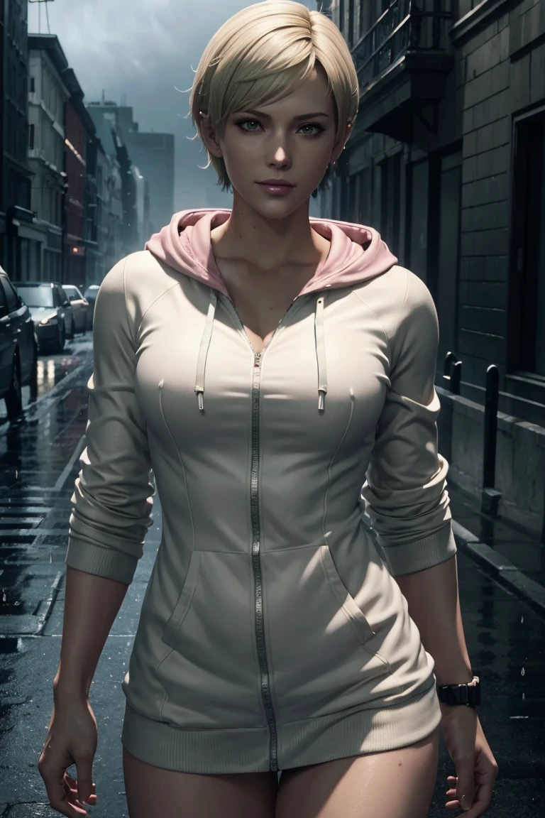 Resident Evil 6,Shelley,Short Hair,Blonde Hair,White hoodie,Cold protection,neck warmer,Photorealistic,Ultra HD,high quality,masterpiece,Digital SLR,Detailed details,Intricate details,Anatomical basis,Depicted in detail,A detailed face,Realistic skin texture,Vivid details,Perfect Anatomy,Perfect Anatomy,Anatomically correct hand,Anatomically correct fingers,Super Detail,Complex 3D rendering,Sexy pose,Rainy Sky,Beautiful scenery,Fantastic rainy sky,Picturesque,Pink Lips,smile,