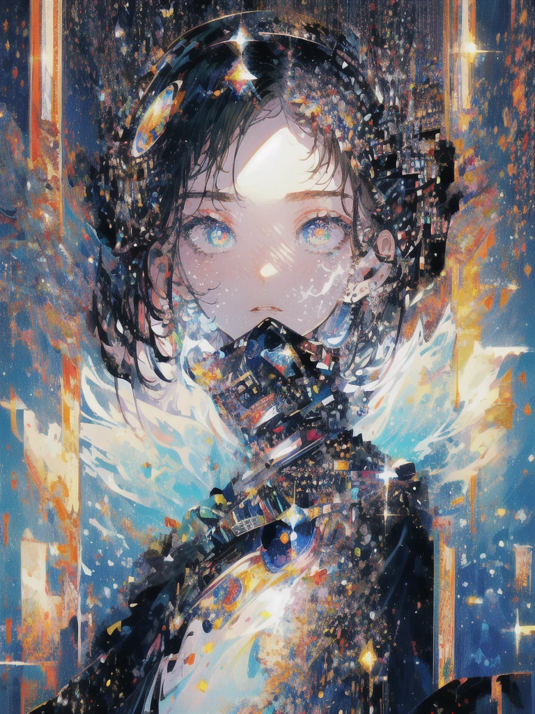 ((masterpiece, highest quality, Super detailed, High resolution)), alone, beautiful girl, shining eyes, perfect eyes, 15 years old, black white gold theme,