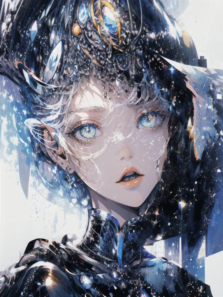 ((masterpiece, highest quality, Super detailed, High resolution)), alone, beautiful girl, shining eyes, perfect eyes, , black white gold theme,