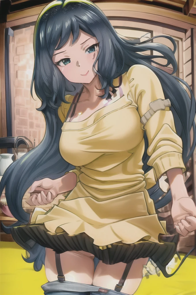 best quality,
highly detailed,
masterpiece,
ultra-detailed,
(bedroom:1.2),
rinko-iori,
yellow sweater,
wide hips,
(black apron:1.1),
cowboy shot,
blue eyes,
armband,
standing,
jeans,