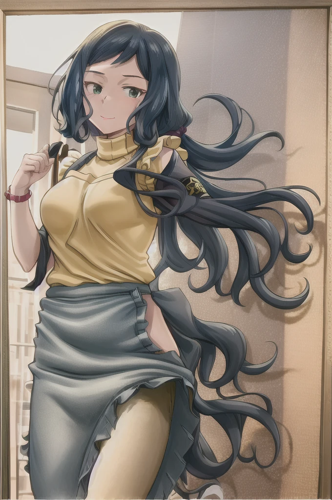 best quality,
highly detailed,
masterpiece,
ultra-detailed,
(bedroom:1.2),
rinko-iori,
yellow sweater,
wide hips,
(black apron:1.1),
cowboy shot,
blue eyes,
armband,
standing,
jeans,