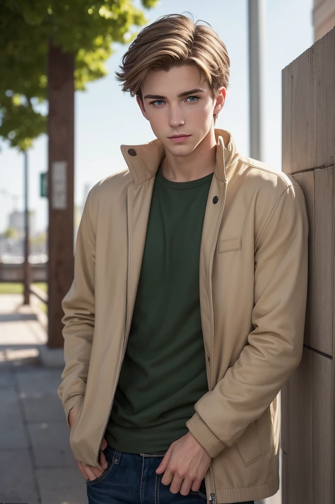 Appearance: Oliver is a young white man with royal green eyes that contrast with his medium-length light brown hair.. your body is defined, American cold casual clothing,