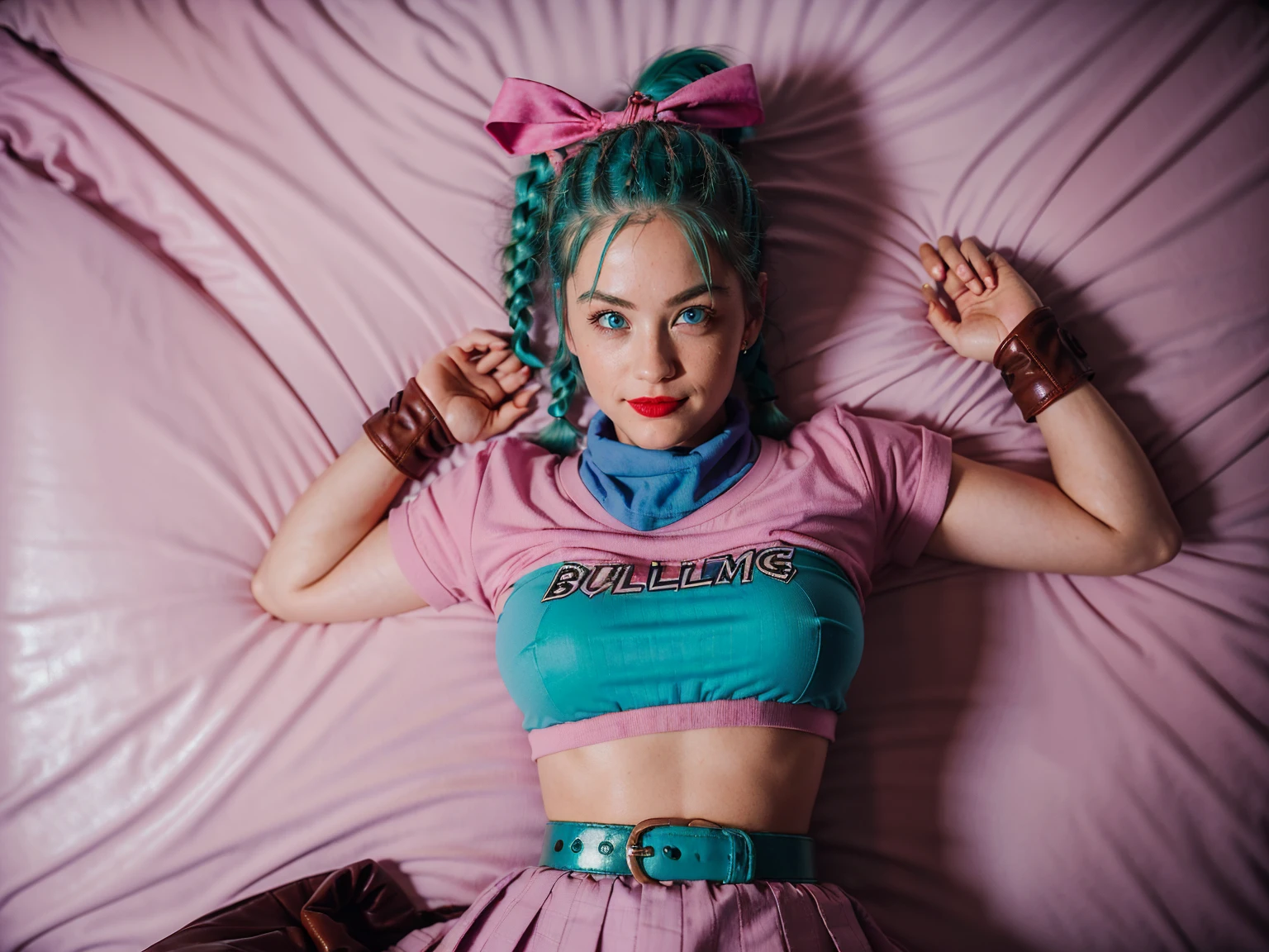 (masterpiece, best quality), 1girl, solo, (j4nu4ryj0n3s lying on back), (blmpony), (epiCRealLife), (underboobs), (half breasts), ((bulma_v1), (red lipstick), (aqua hair), (blue eyes), (young woman), (European model), (pink bulma_v1 shirt), (pink skirt), (pink pleated skirt), (pink hair ribbon), (aqua braided ponytail), (belt), (blue waist bag), (purple scarf), (bulma_v1 clothes writing) , (wrist gloves), ( brown leather gloves), (medium breasts), (bulma_v1 pink skirt),(light smile), (lying on the bed), (close up), (planters), (in a bedroom), (flash photography)