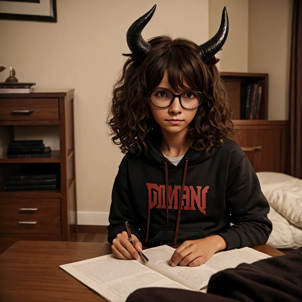 Human, Fluffy hair, no fur, black curly hair, messy hair, glasses, horns, sweatpants and hoodie, in room, brown hair, demon horns