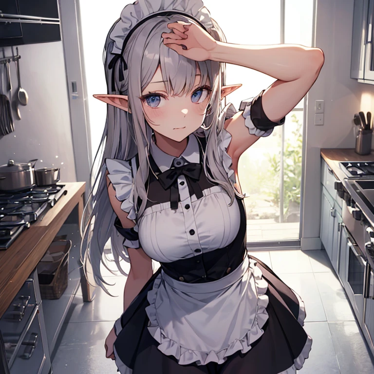 A maid, (in kitchen), various hair styles, night, details face, short skirt, seducing, sleeveless, maid uniform, armpits, elf