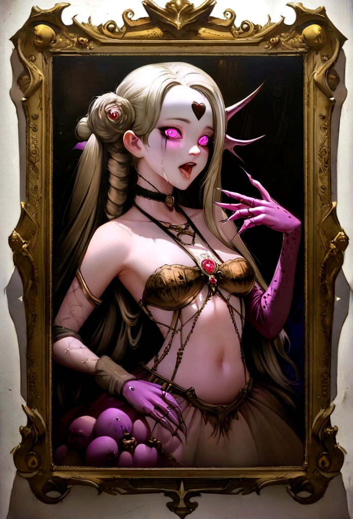 Photographic photography of a dead goddess, Aphrodite, girly princess, translucent skin, teeth dripping, salivating, tenebrosa, onymic, tenebrosa Victorian gothic oil painting, Rule of thirds by ((Salvador Dali and Raphael, Sam joked, mœbius, Eric Lancombe,Dan Hillier and John Logan, nightmarish, decayed skin, demonic, paranormal art, hauntingly beautiful, weirdcore, but attractive and visually captivating, stunning masterpiece, Displacement Noise, directional lighting, perfect symmetry, Framed, neo-gothic steampunk, Rococo Punk, punk dungeon, weirdcore e perturbador, cyberpunk renaissance art, digital oil on canvas, exoskeleton slightly revealed through decomposing skin, album art, Post-apocalyptic art, Neon Horror Story, artistic trend, beautiful bizarre, bizarre art