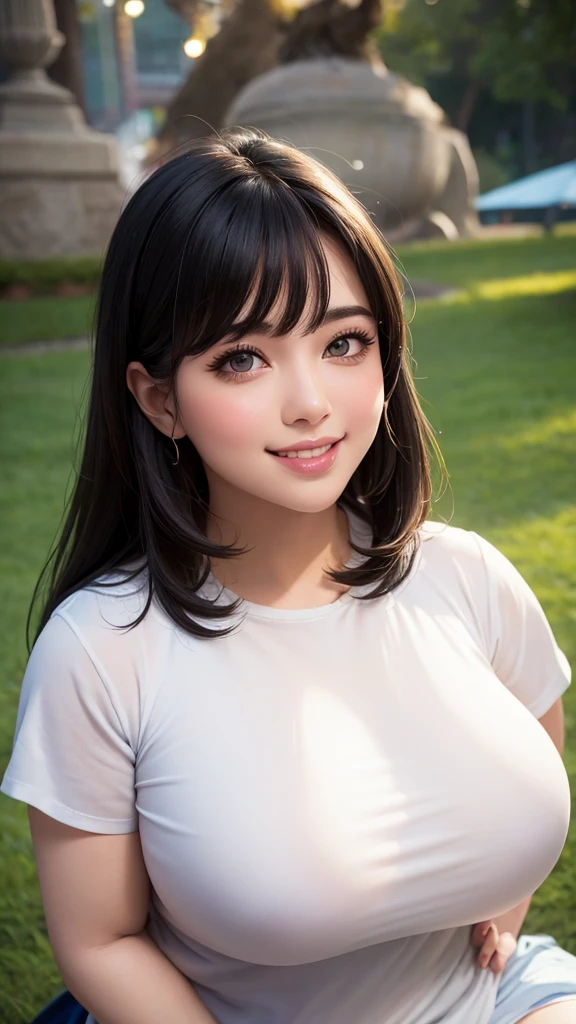 Mystical Eyes、Are fat、fat、Fair skin、Mysterious Beauty、Very sexy、goddess、Large Breasts、smile、smile、Blur the background、alone、Shiny Hair、Provocative face、smile、Plump、Indian、White oversized t-shirt、Pompadour、Has bangs、Bangs fall on the forehead、Anime Style