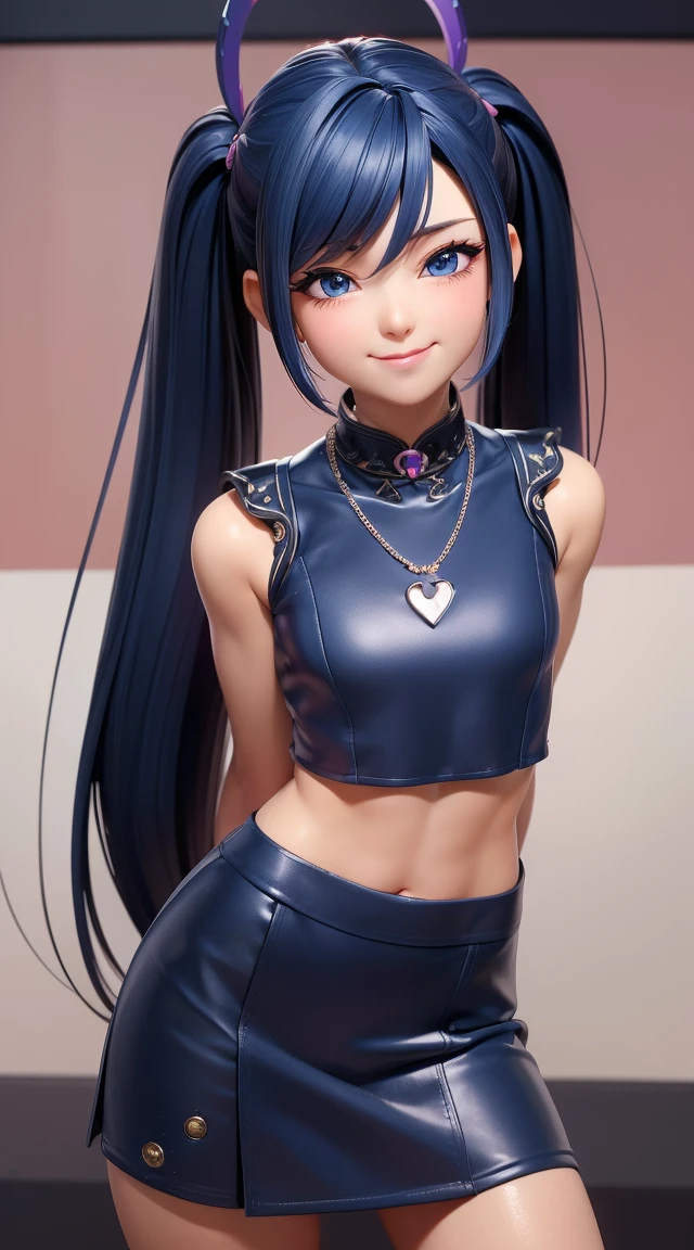 (masterpiece:1.3), (Best Quality:1.3), (Ultra-detailed:1.2), ((kawaii)), Cute, (lovely), ((sexy)), ((Extremely detailed)), 4K, (8K), Best Quality, (Beautiful), Illustration, anime style, (bold line:1.2), Gradation, looking at viewer, //, (bent down:1.1), (arms behind back), //, a cute girl, 1girl, (solo:1.2), gleaming skin, //, (flat chested), (Perfect eyes:1.2), (Perfect iris:1.2), //, darkblue hair color, (beautiful eyes) //, (half closed eyes:1.3), (sexual expression:1.2), Fascinated expression, smile, (blush:1.2), //, modern city background, on rock, twin tails, muscle girl, hard abs, exposed abs, NECKLACE, tight blouse, skirt