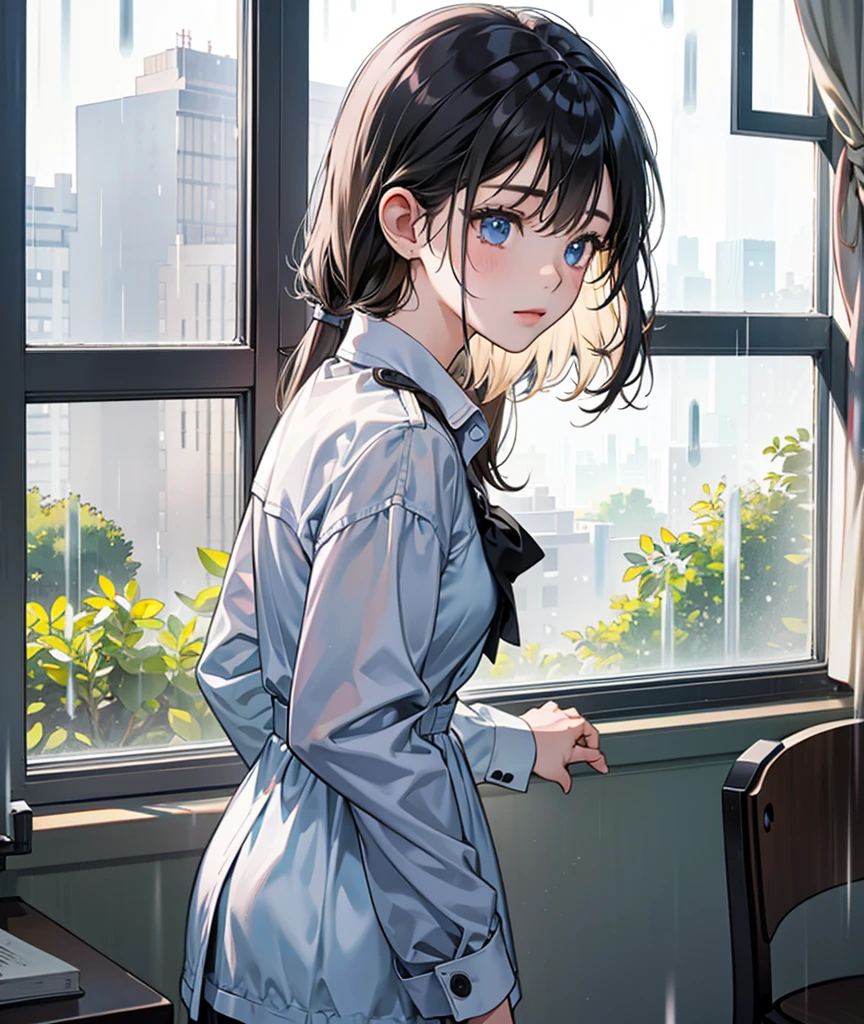 A girl looks at the rainy scenery from a library window、I hope the rain stops soon.。A little melancholy look。